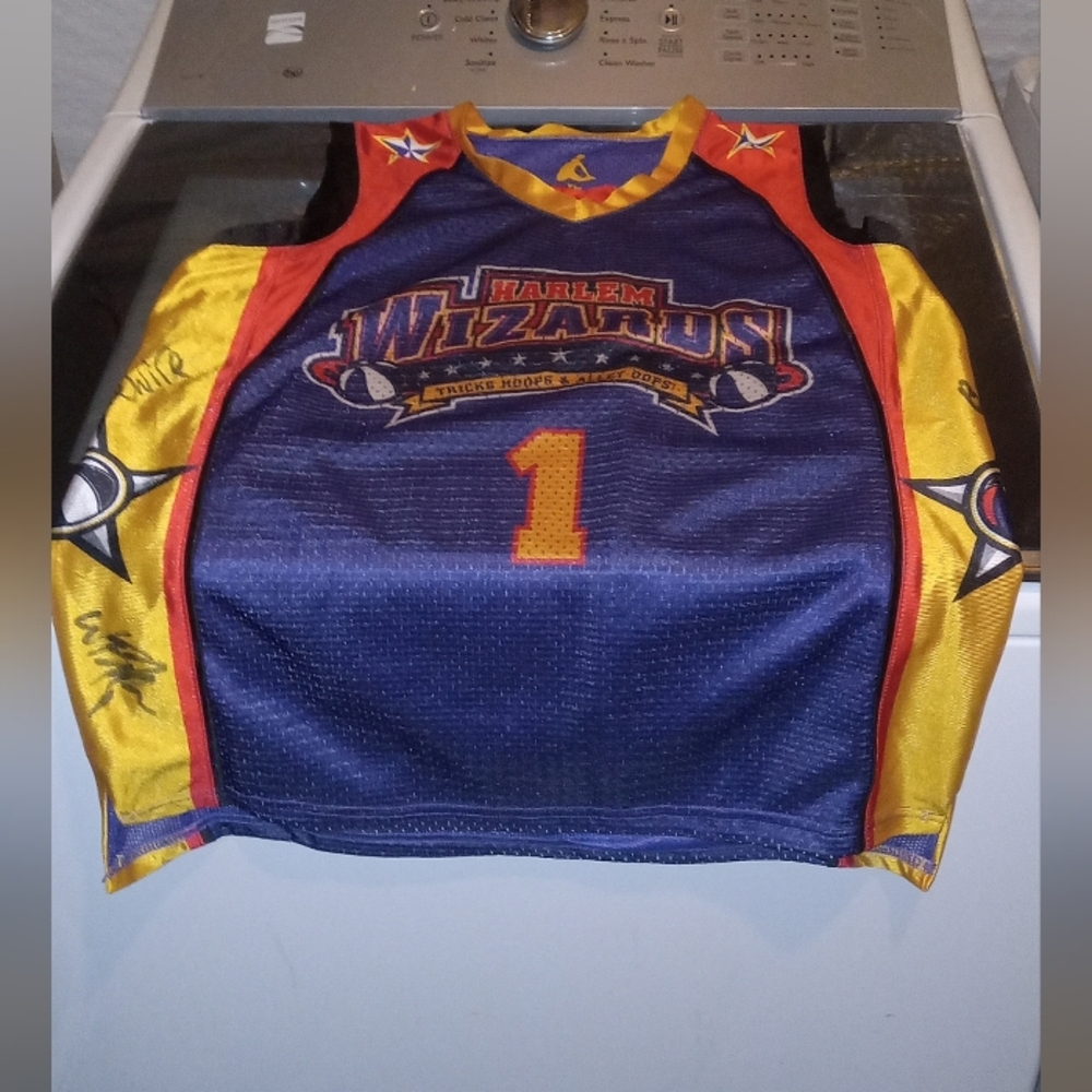 Signed Harlem WIZARDS Basketball Jersey - Blue and Yellow Yourh M